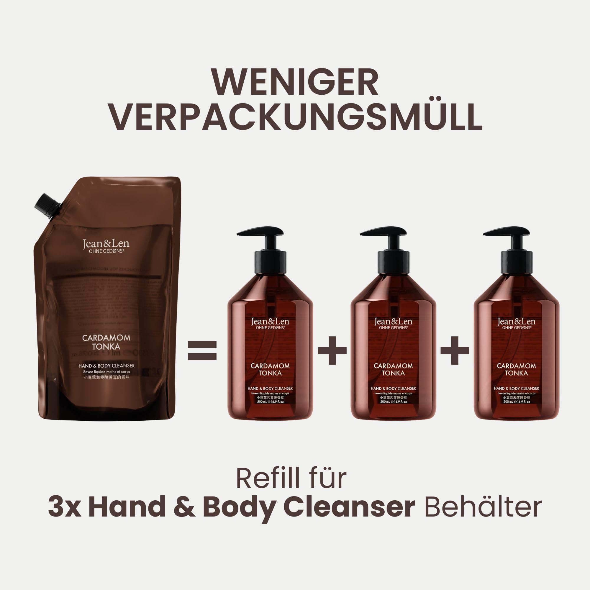 Jean & Len Hand & Body Cleanser Cardamom & Tonka im Nachfüllbeutel, für ein duftendes Reinigungserlebnis, exotisch-würziger Duft, Flüssigseife im Nachfüllpack, vegan, 1,5 L