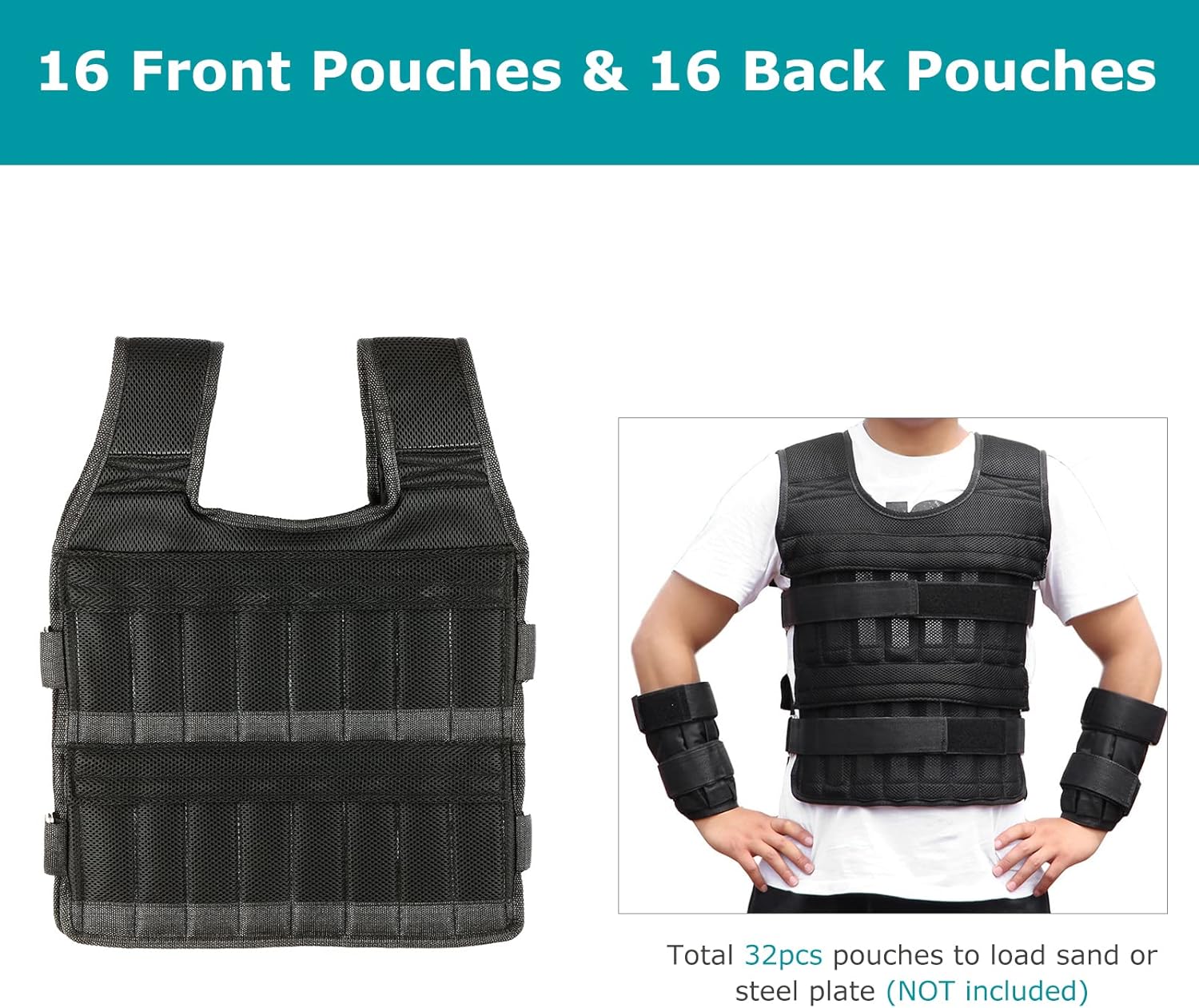 Weighted Vest,Max Loading 15kg/35kg Adjustable Vest Weight Exercise Weight Loading Cloth Strength Training with 6kg Leg Weight 5kg Arm Weight (Empty)