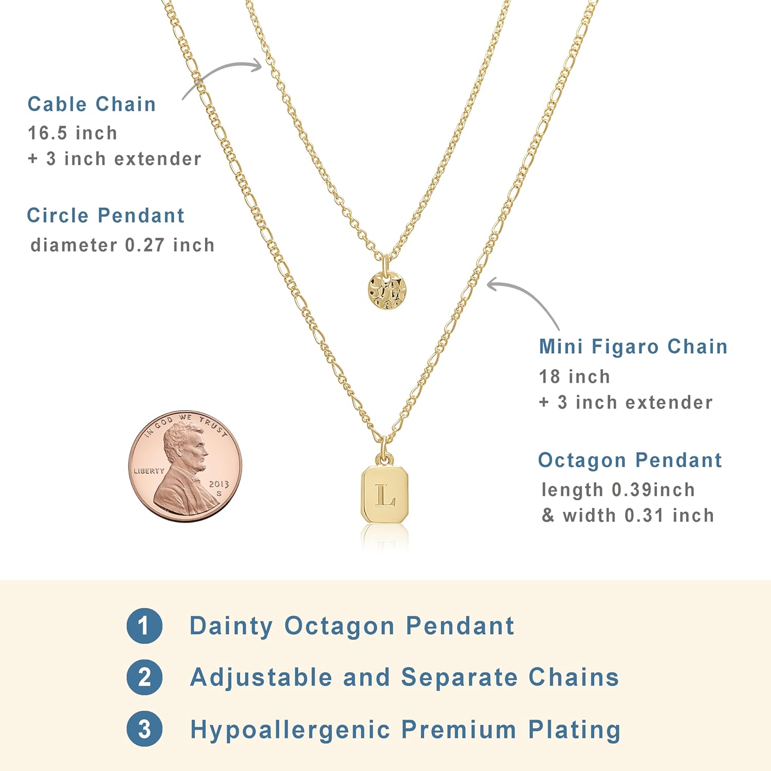 BONALUNA Gold Initial Necklaces for Women, Dainty New Octagon Pendant with A-Z Letter, Adjustable 2 Layered Chain Necklace - Personalized Monogram Layered Jewelry, Perfect for Gifts - Image 2