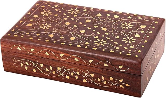 Ajuny Wooden Decorative Jewelry Storage Keepsake Box Organiser with Mughal Inspired Brass Inlay 8x5 Inch