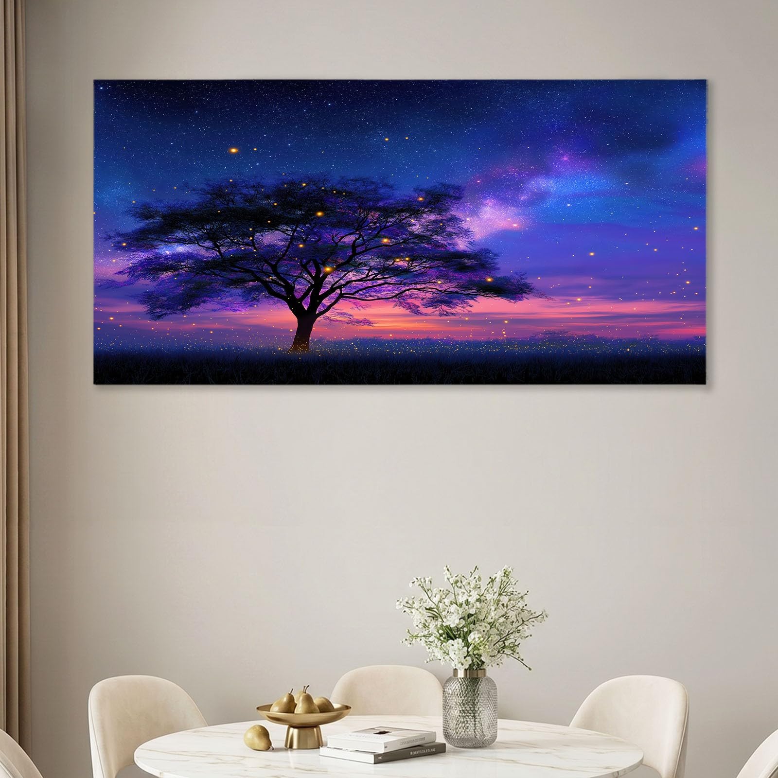 Obraz na płótnie z magiczną ramką gwiaździste niebo - obraz 120 x 80 cm niebieskie drzewa świetliki Droga Mleczna - Plakat Dekoracja ścienna do salonu, sypialni, łazienki i biura