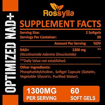 Rossylla Liposomal NAD+ Supplement, 1300 mg per Serving, NAD Plus Supplement with Liposomal Delivery, Supports Cellular Energy and Healthy Aging, 120 Softgels