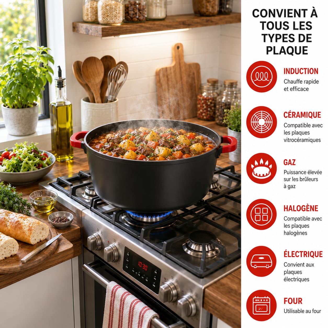Royal Swiss Faitout 44 cm 25,5 L – Grande Cocotte Fonte d’Aluminium Antiadhésive, Couvercle Verre, Compatible Induction & Four, Cocotte XXXL pour Grandes Préparations, Fond Inox Intégral, Noir