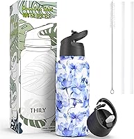 Vista 5 de THILY Botella de agua aislada de acero inoxidable con triple aislamiento, 32 onzas, botella de agua de boca ancha a prueba de fugas con 2 tapas