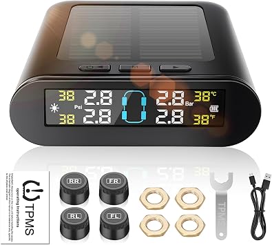 Tyre Pressure Monitoring System TPMS Solar Wireless & USB Dual Charging Tyre Pressure Monitor, 5 Alarm Modes, 4 External Sensors, for Caravans Cars SUVs 0-3.5Bar Range,20  to 85