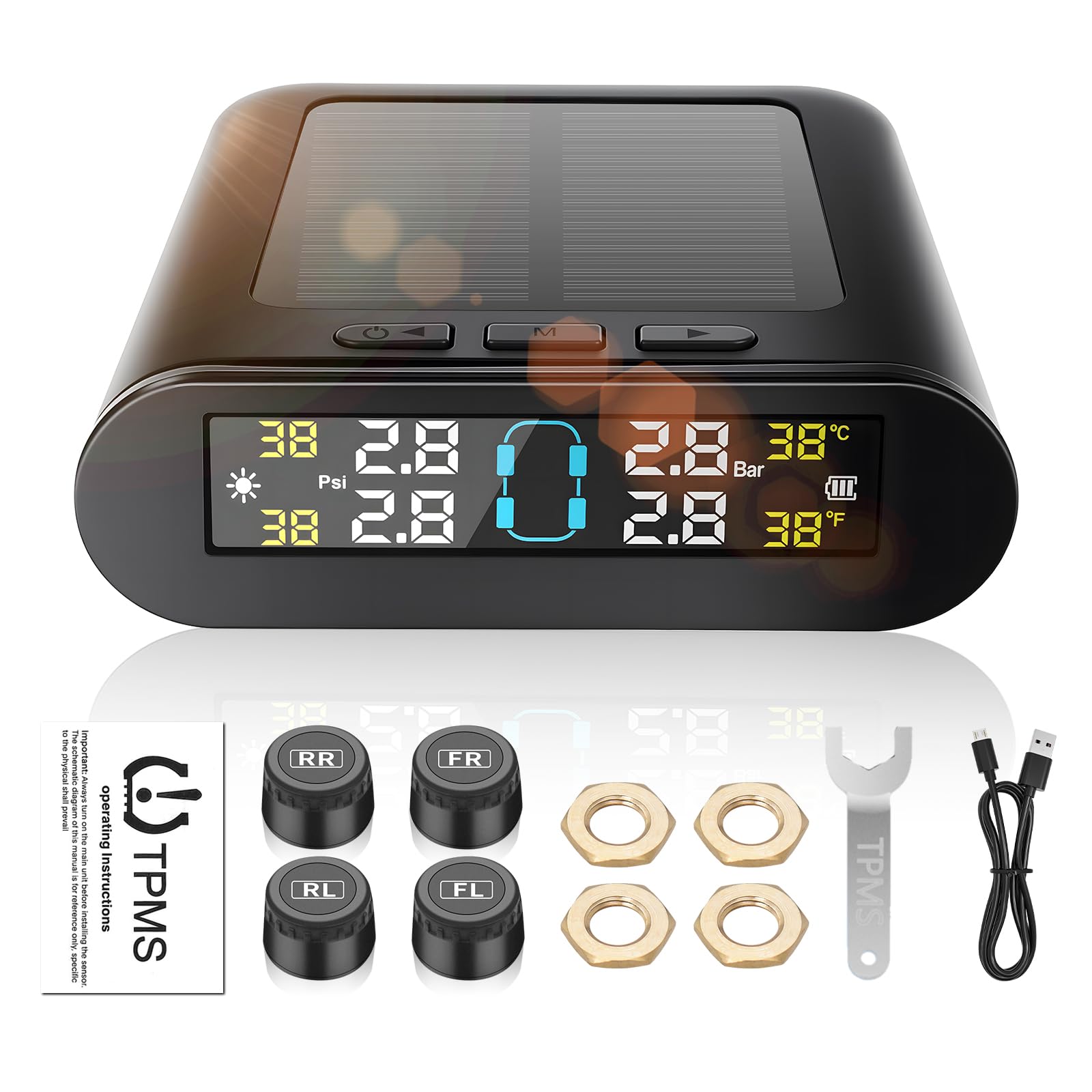TPMS Sistema di monitoraggio della Pressione degli Pneumatici Solare Senza Fili e con Doppia Ricarica USB 5 modalità di Allarme 4 sensori Pressione Pneumatici, per Caravan Auto 0-3,5Bar Gamma
