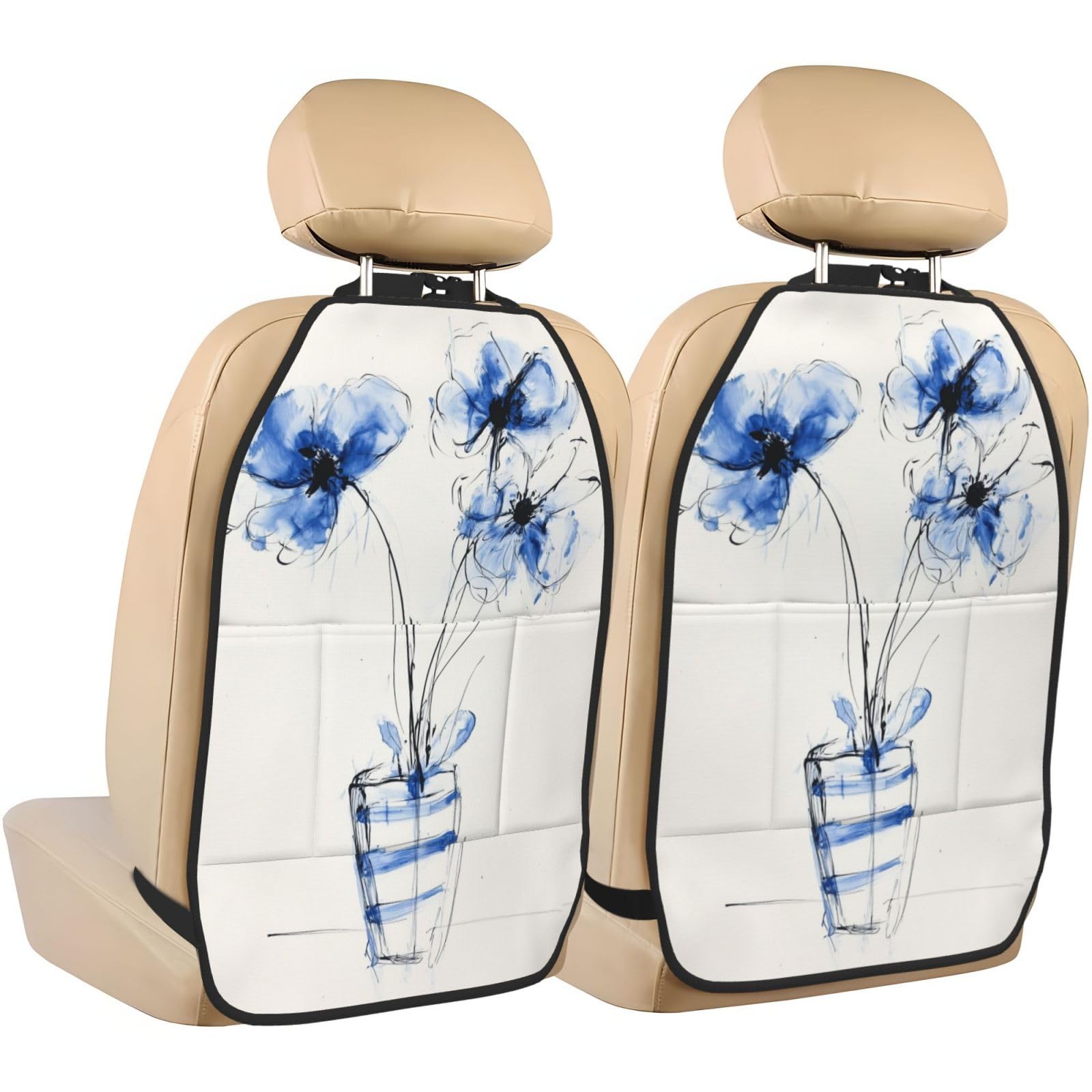 Blue Flowers In A Striped Vase Line Art Car Seat Back Kick Protectors,2 Pack Kick Mats With Storage Pockets For Vehicles To Protect From Dirt Mud Scratches