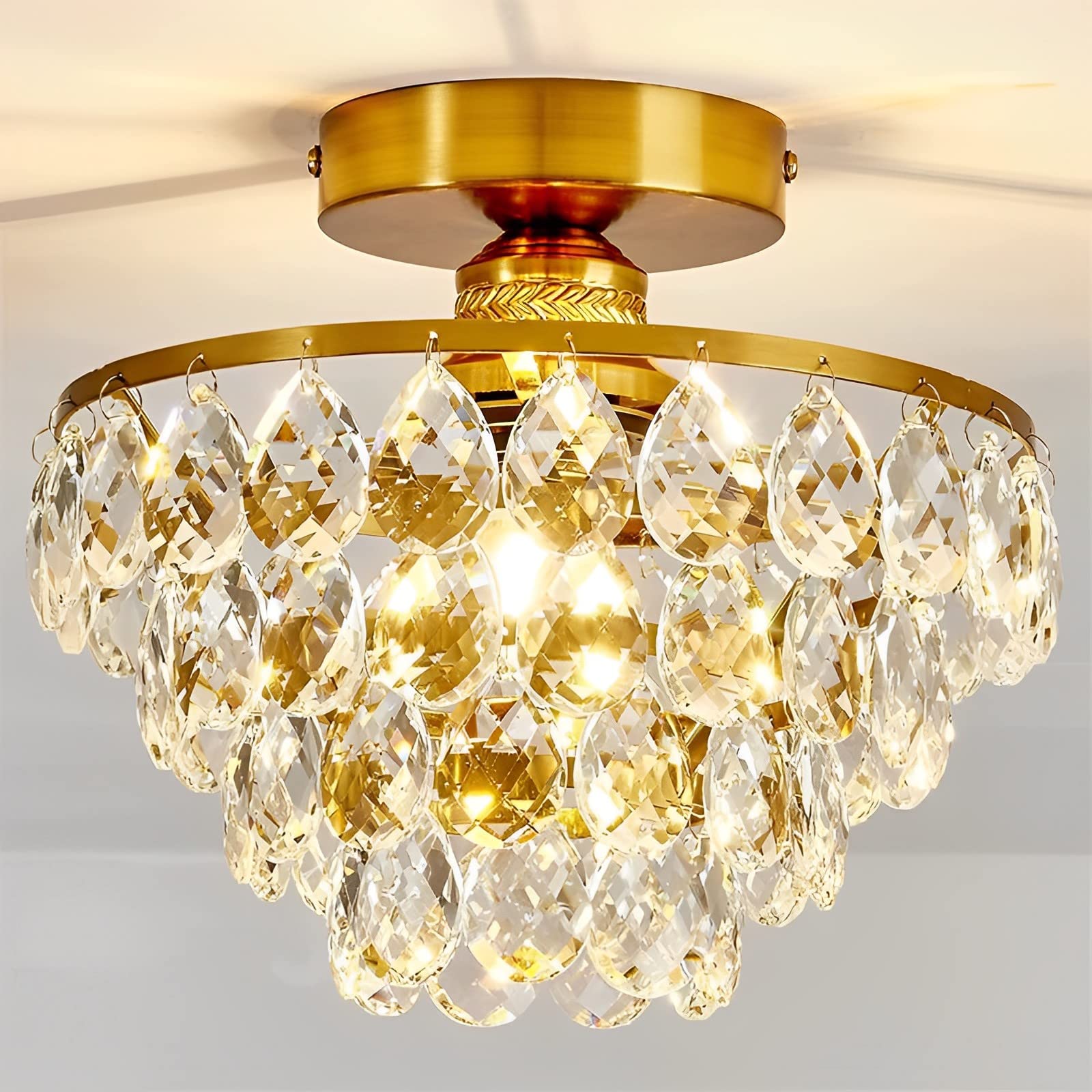 MESOVFCA Crystal Chandelier Small Modern Chandelier, Modern Ceiling Light Flush Mount Crystal Chandelier Kitchen Light Fixtures Ceiling Crystal Light for Hallway Bedroom Hall Living Room,Gold