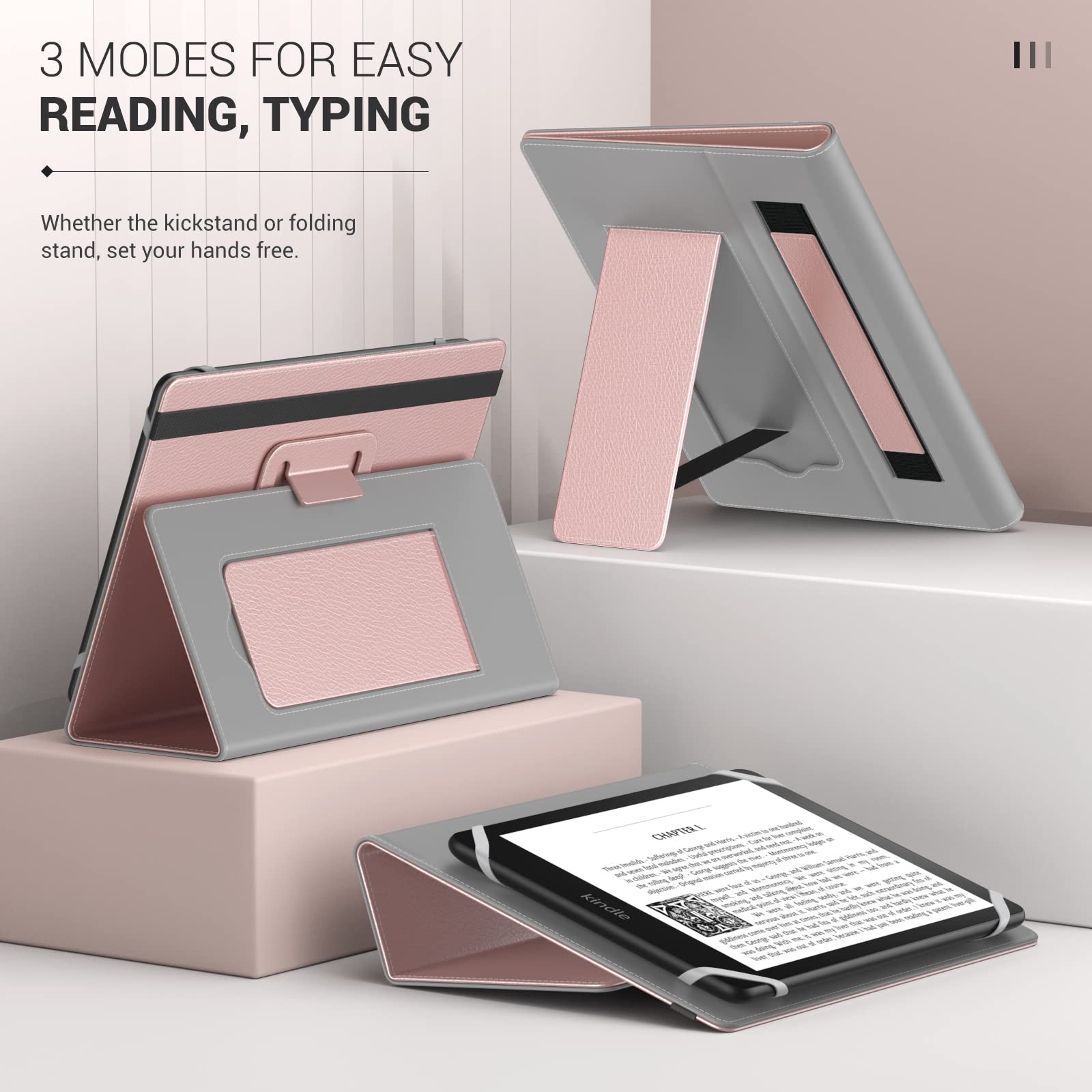 MoKo Étui Universel pour 6" 6.8" 7" Kindle eReaders Fire Tablette - Kindle/Kobo/Voyaga/Lenovo/Sony E-Book E-Reader Tablette, Coque en PU avec Support Réglable et Dragonne, Rosé