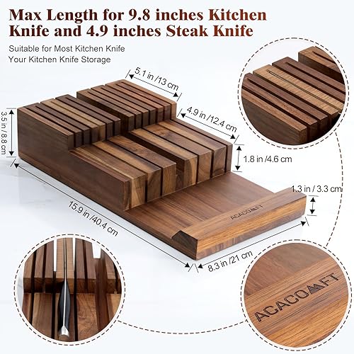 Miniatura 4 de Acacomft Bloque de cuchillos en el cajón, organizador de cuchillos de cocina de madera de acacia, soporte para cuchillos sin cuchillos para hasta 12