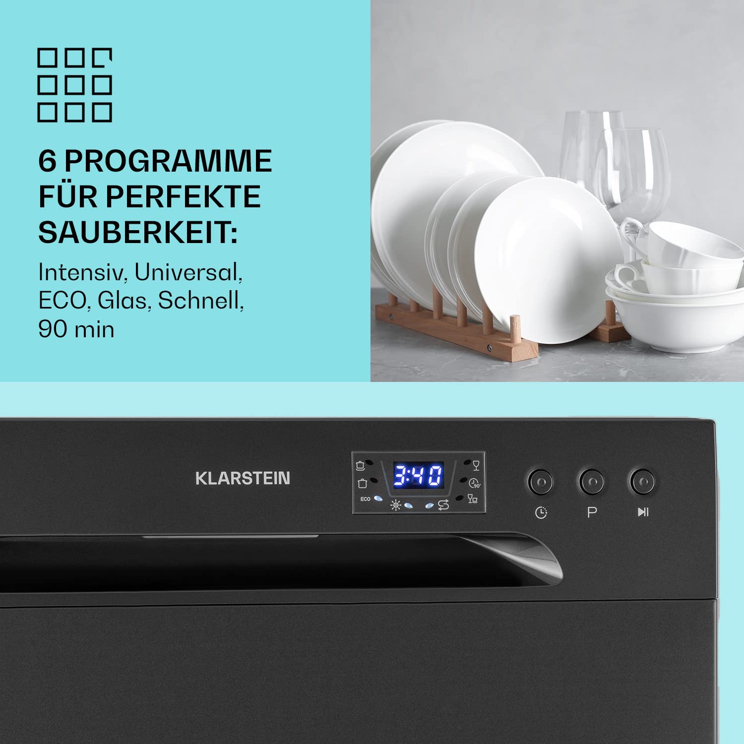 Klarstein Mini-Geschirrspüler 6 Gedecke, Leiser Geschirrspüler Klein, 6 Spülprogramme, Wasseranschluss, Anthrazit