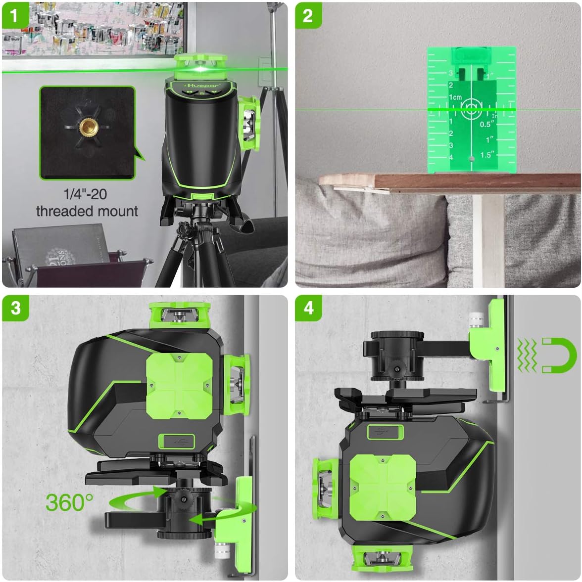 Huepar 16 Lines Self-Leveling Laser Level 4 x 360°Cross Line Laser - 4D Green Beam Rechargeable Tiling Floor Laser Tool -2 x 360° Horizontal&2 x 360°Vertical Laser Lines -Lifting Base Included S04CG-L - - 