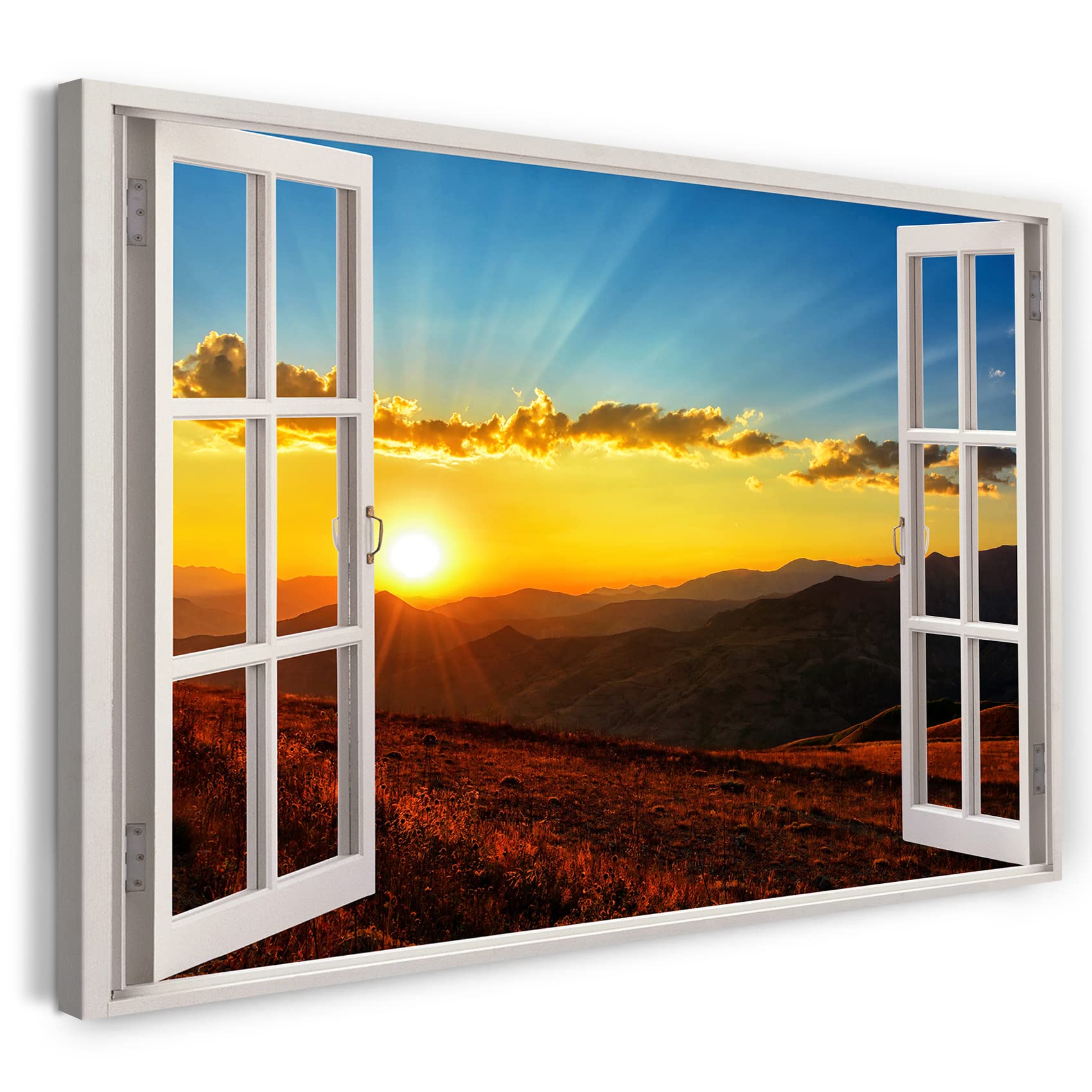 Printistico #20 Print On Canvas (100X70 Cm) View From The Window - Sunset Mountains Field Summer Nature - Nature Photography, Real Wood Frame With Hook