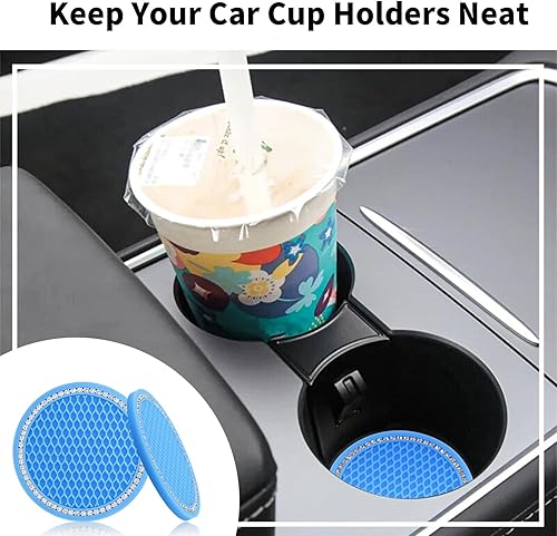 Miniatura 4 de Juego de 4 posavasos para automóvil y cubierta de botón de arranque del motor, accesorios de automóvil con diamantes de imitación azules, posavasos