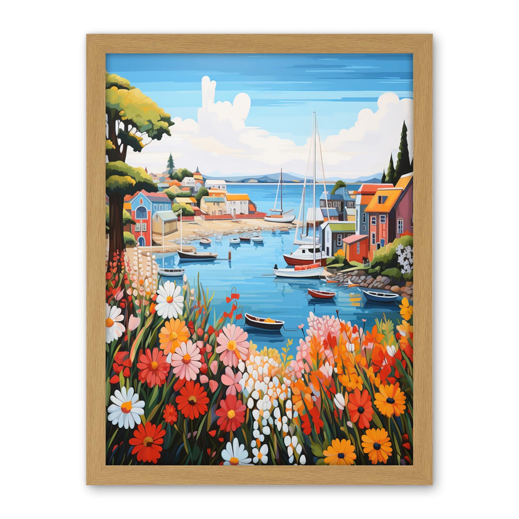 Artery8 Idyllic Scenic Seaside Fishing Village Bright Oil Painting Orange Pink Blue Bathroom Floral Artwork Harbor Bay Boats Coastal Landscape Artwork Framed Wall Art Print 18X24 Inch