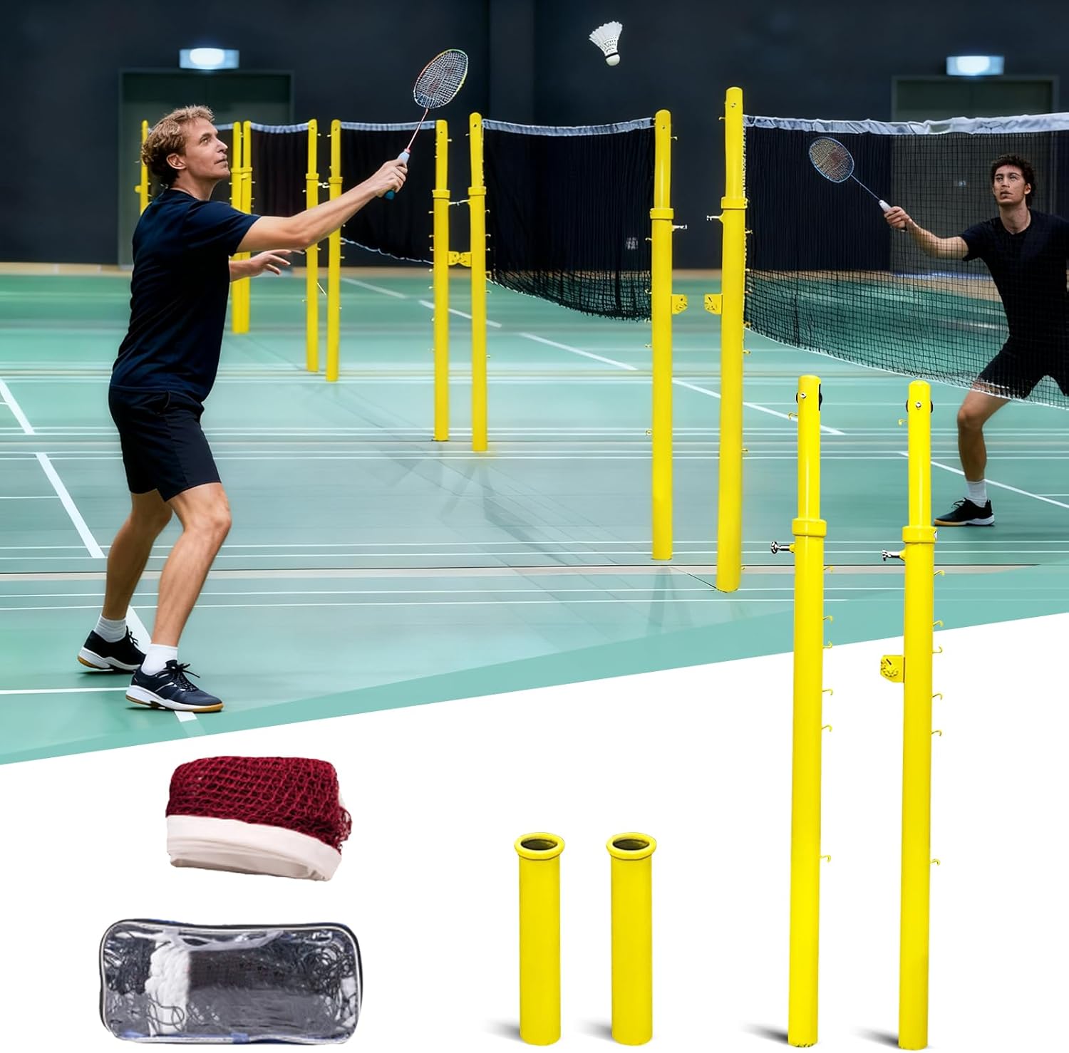 Volleyball Poles for Backyard,Adjustable Volleyaball Net Set with Poles,Heavy Duty Volleyball Poles,Indoor& Outdoor Ground Inserted Steel Volleyball Poles with Embedded Part for Adults School