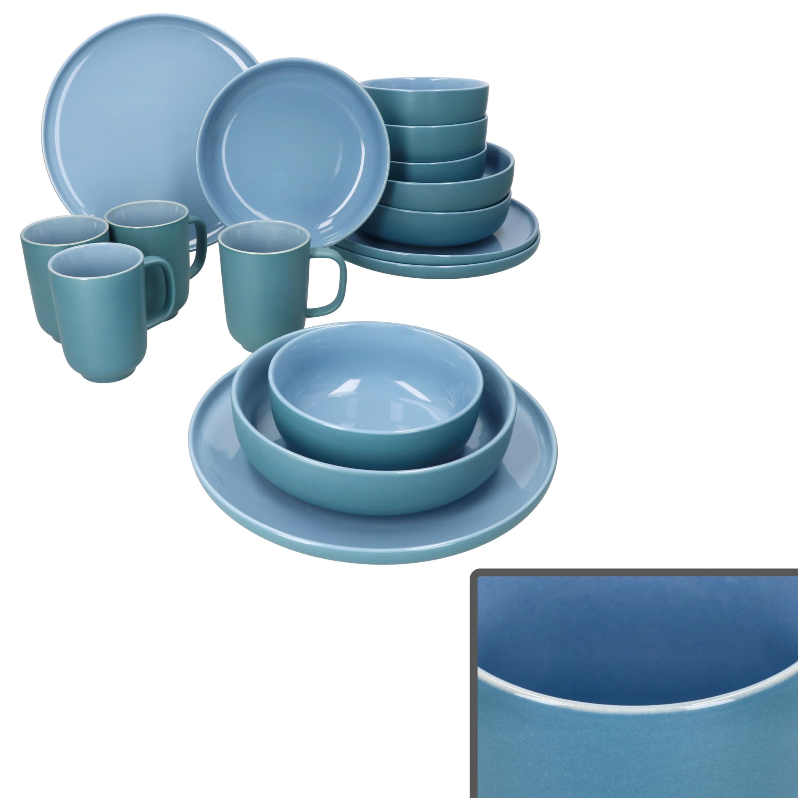 Ritzenhoff & Breker Jasper Service de table 16 pièces en faïence pour 4 personnes Bleu océan Avec 4 tasses à café de 250 ml, bols de 360 ml, assiettes creuses et assiettes plates I Petit déjeuner et
