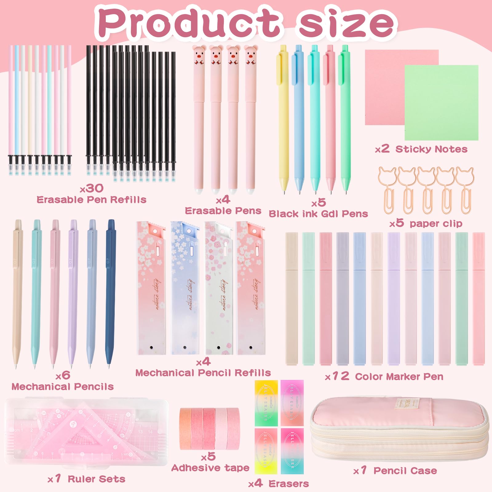 gyoyede 82pcs Aesthetic School Supplies Stationery Set including Pencil Case,Pastel Highlighters Gel Pens Mechanical Pencils 0.5 & 0.7mm,Essentials Stationary Set for Students Back to School Supplies(Pink) - Image 3