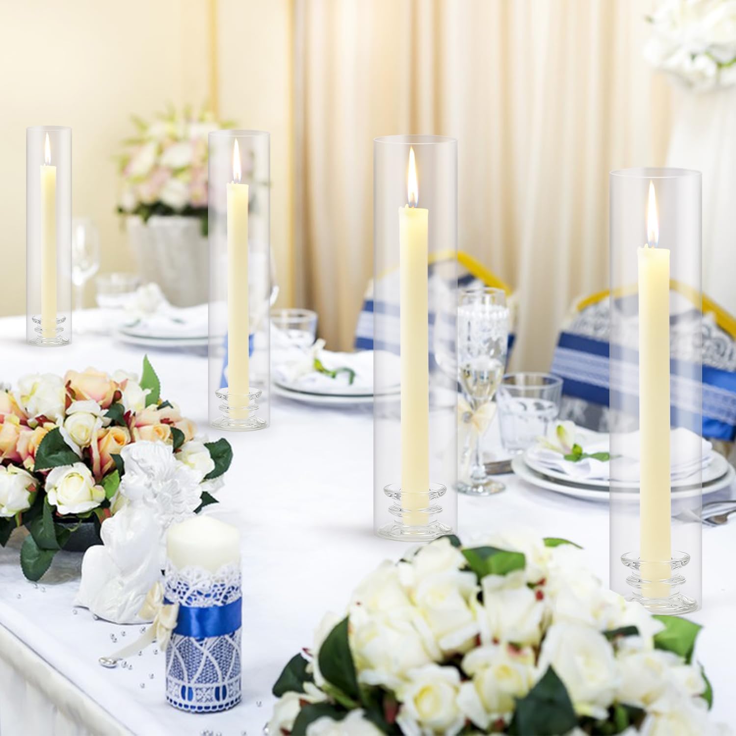 6 Sets Modern Candle Stand with Chimney Cover Taper Candle Holders Glass Hurricane Candle Holder for Tapered Candles 12inch Large Crystal Candlestick Holder Stand with Cylinder Sleeves for Wedding - Image 4