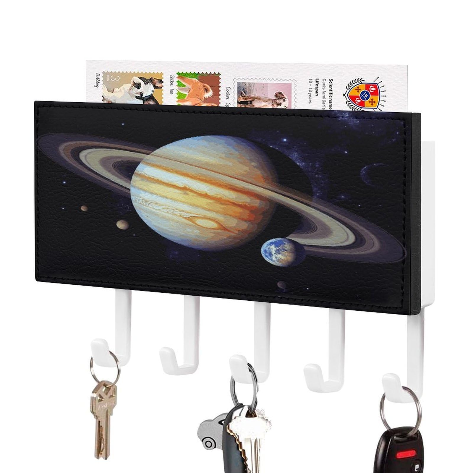 FekiLoot Planet Jupiter Key Holder for Wall Decorative Mail Organizer with 5 Key Hook Self Adhesive Key Rack with Tray Coat Rack Wall Mount Key Hanger Decor for Entryway Door