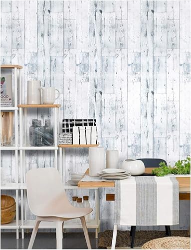 Miniatura 5 de APPIOK Papel tapiz autoadhesivo extraíble, papel tapiz Shiplap gris claroblanco, calcomanías de pared de tablones de madera envejecida, declaración