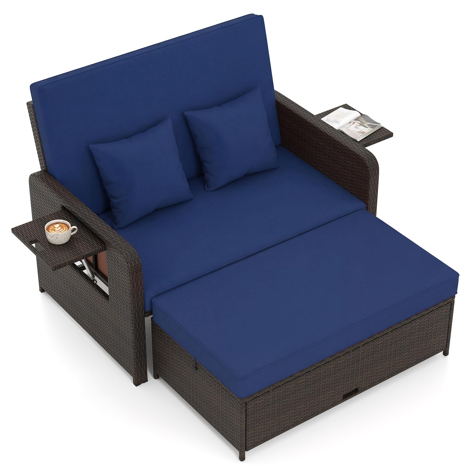 Tangkula Patio Rattan Daybed with 4-Level Adjustable Backrest, Outdoor PE Wicker Loveseat with Storage Ottoman & Folding Side Tray, Double Sunbed