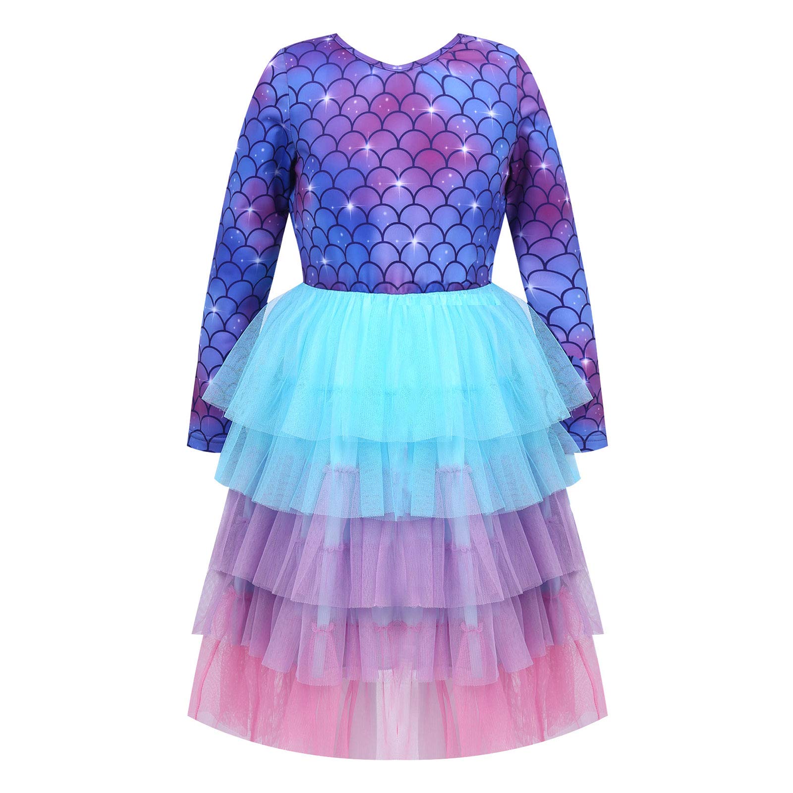 Kids Girls One Piece Long Sleeves Mermaid/Cartoon Horse Multi-Tiered Mesh Dress for Birth…