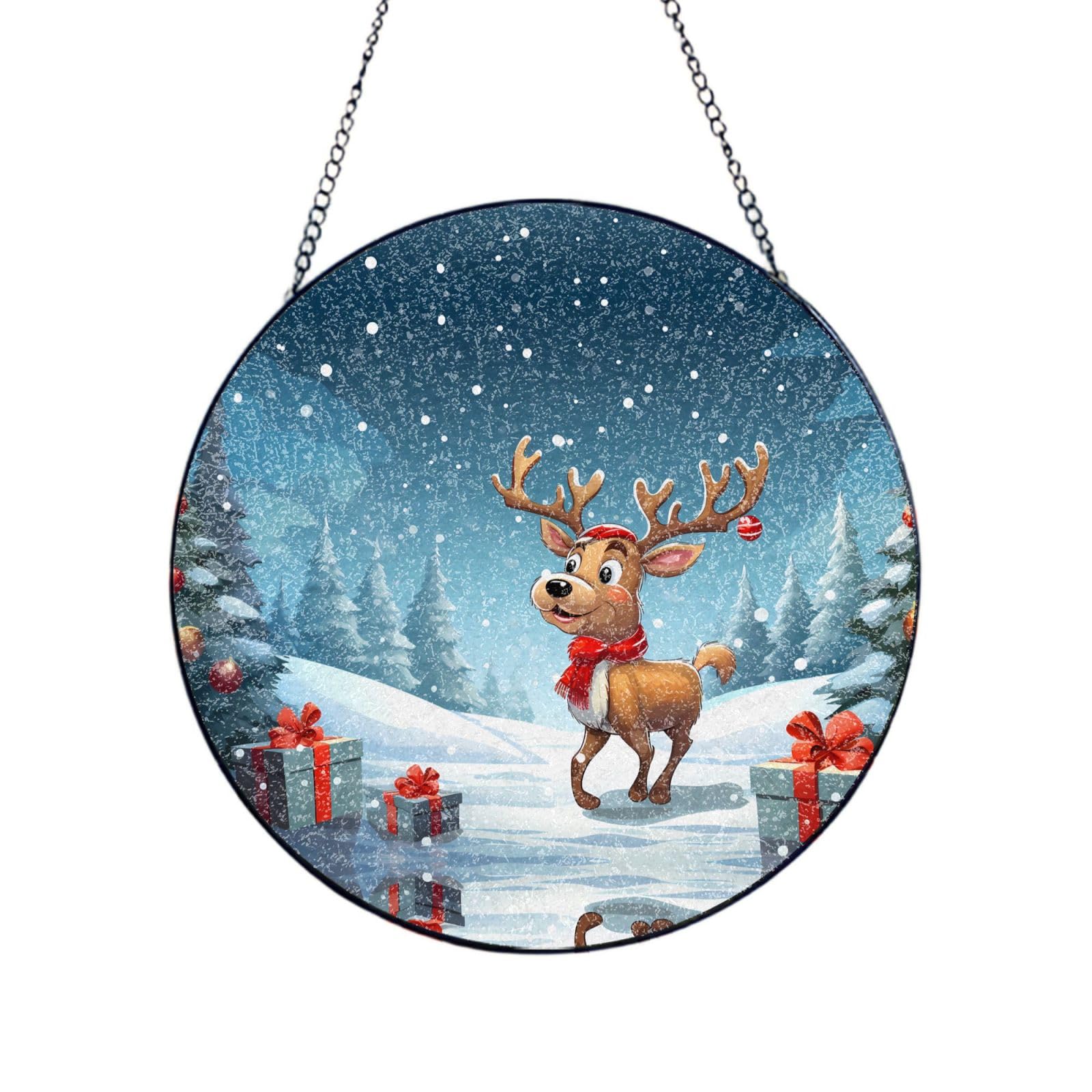 Phayah Reindeer With Gifts Print Glass Window Hanging Sun Catchers Suncatcher Decor For Birthday For Home Garden Porch 4in（10cm）