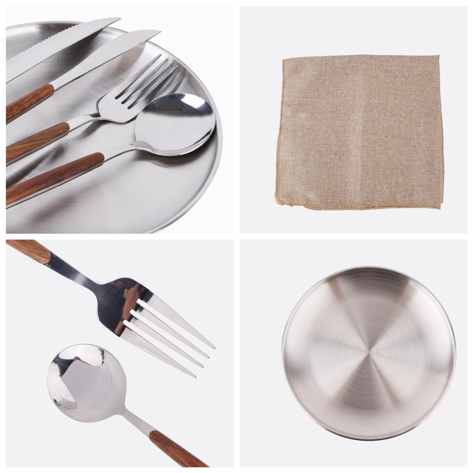 Set de vaisselle de camping pour 2 personnes, 12 pièces, en acier inoxydable, couverts de pique-nique, poches de couverts portables, manches à rayures en bois, nappe de table à manger