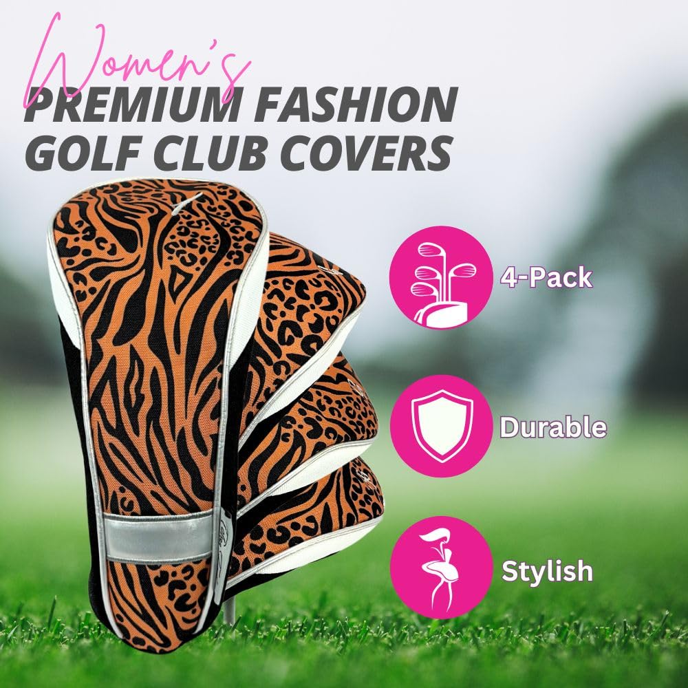 Taboo Fashion Golf Club Covers for Women - Numbered Golf Headcovers Set for Driver, Woods & Hybrid - Weather/Moisture Resistant Protection, Pack of 4