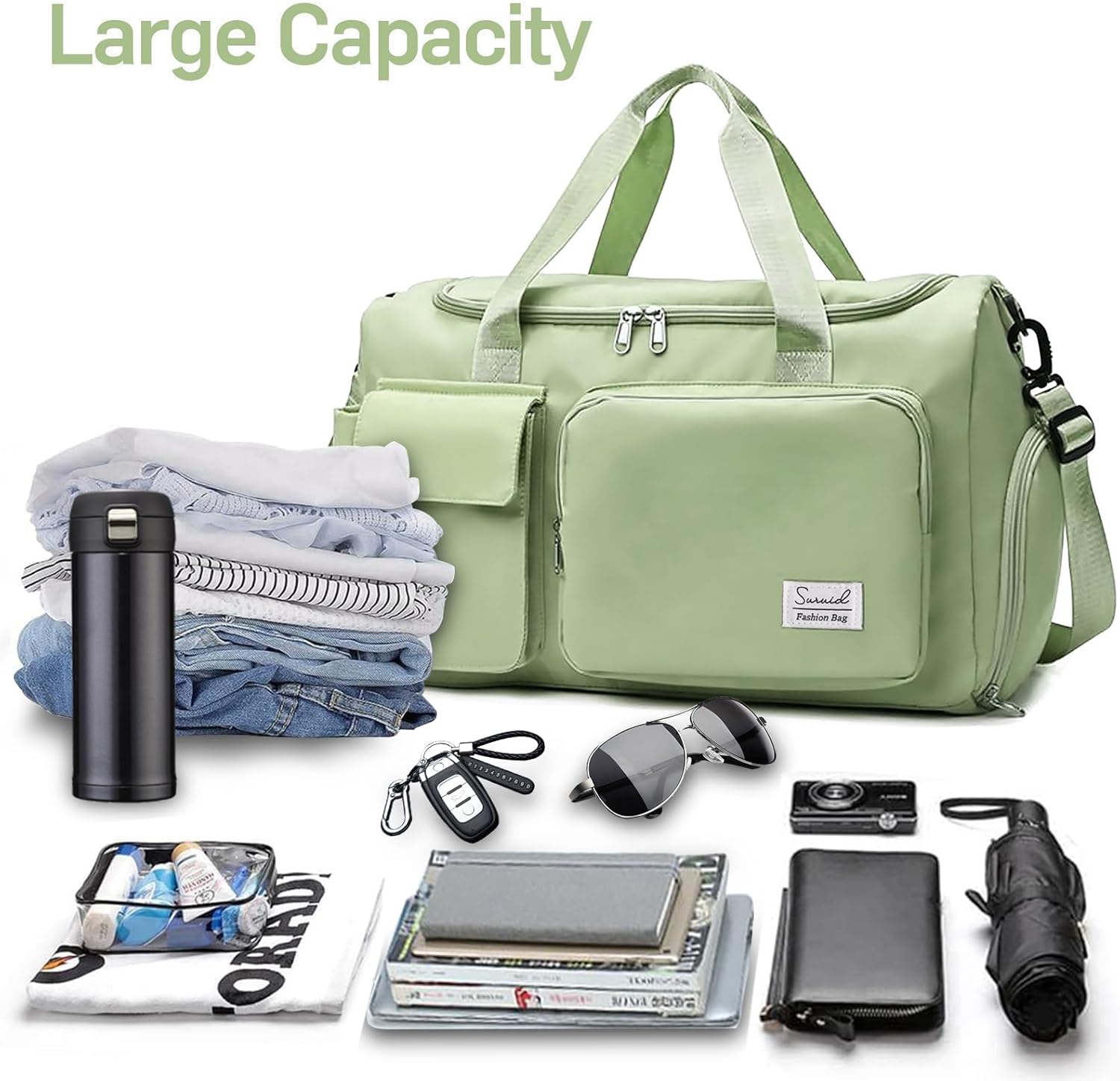 Travel Duffel Bag with Shoes Compartment Sports Gym Bag with Dry Wet Separated Pocket for Men and Women, Overnight Bag Weekender Bag Training Handbag Yoga Bag - Green - Image 5