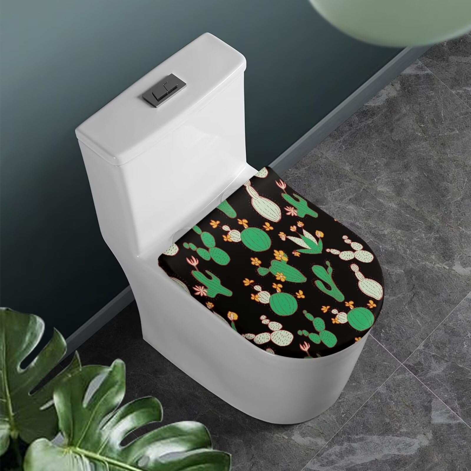 Babrukda Toilet Lid Cover Elongated Toilet Lid Cushion with Elastic Edge, Cactus Flower Print Oblong Bathroom Toilet Seat Accessories Stay in Place Non-Slip