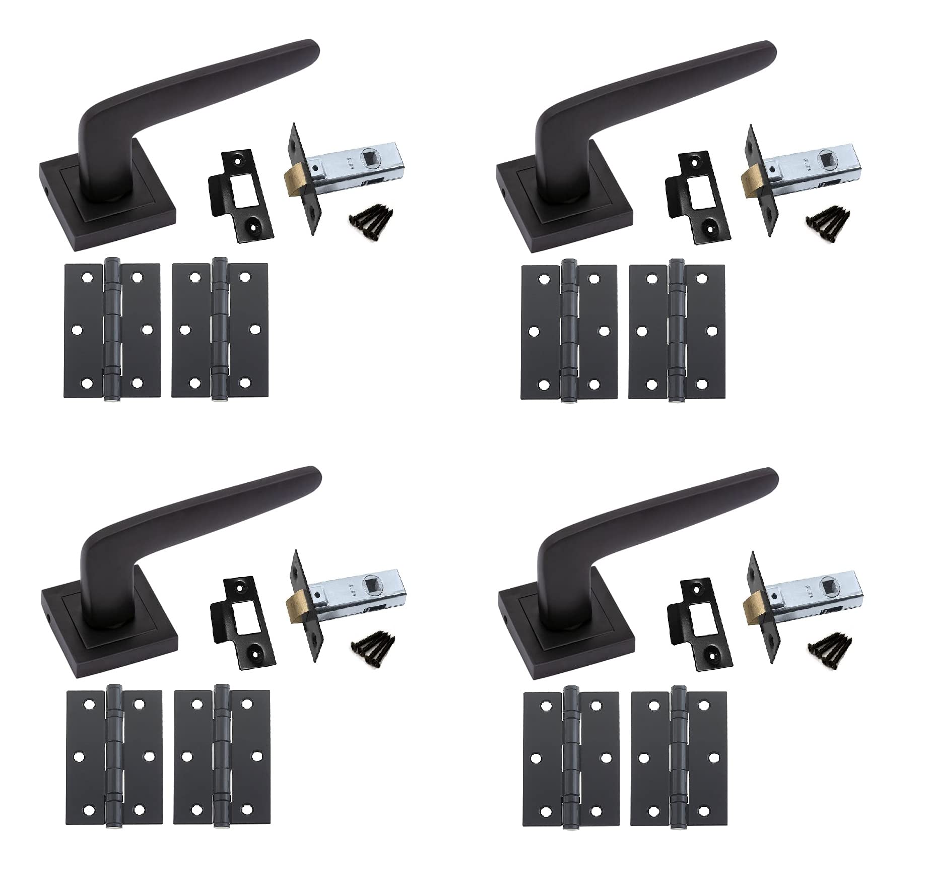 Golden Grace Venus Door Handles on Square Rose in Stunning Matt Black Finish Complete with 64mm Tubular Latch & Ball Bearing Hinges - 4 Set