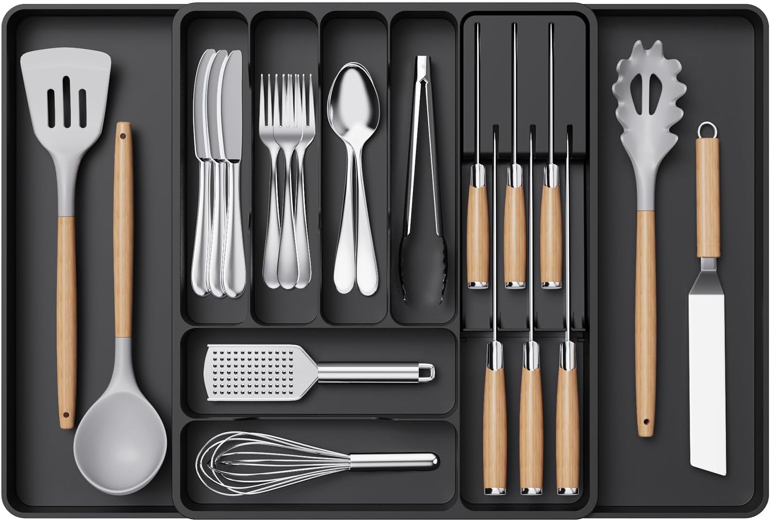 Silverware Organizer for Kitchen Drawers, Expandable Utensil Tray with Removable Knife Block, Adjustable Cutlery and Flatware Holder, Plastic Spoon Forks Holder Storage Divider, Black