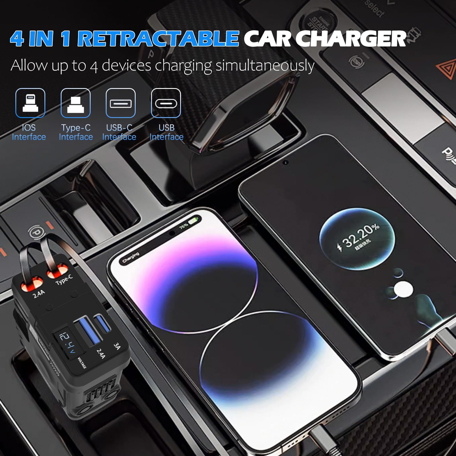Retrattile Caricabatterie Auto, 4 in 1 Caricatore Auto Ricarica Veloce con 2 Cavi Retrattili e 2 Porte, Auto Accendisigari Compatibile con iPhone/Galaxy/Pixel, con Martello di Sicurezzar Auto (Nero)