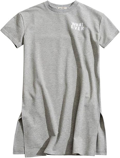 Amazon チューカー 子供服 ロングtシャツ 女の子 マキシワンピース 半袖 部屋着 コットン 英語 プリント 両サイドスリット入り ゆったり 春夏 グレー150 ワンピース チュニック 通販