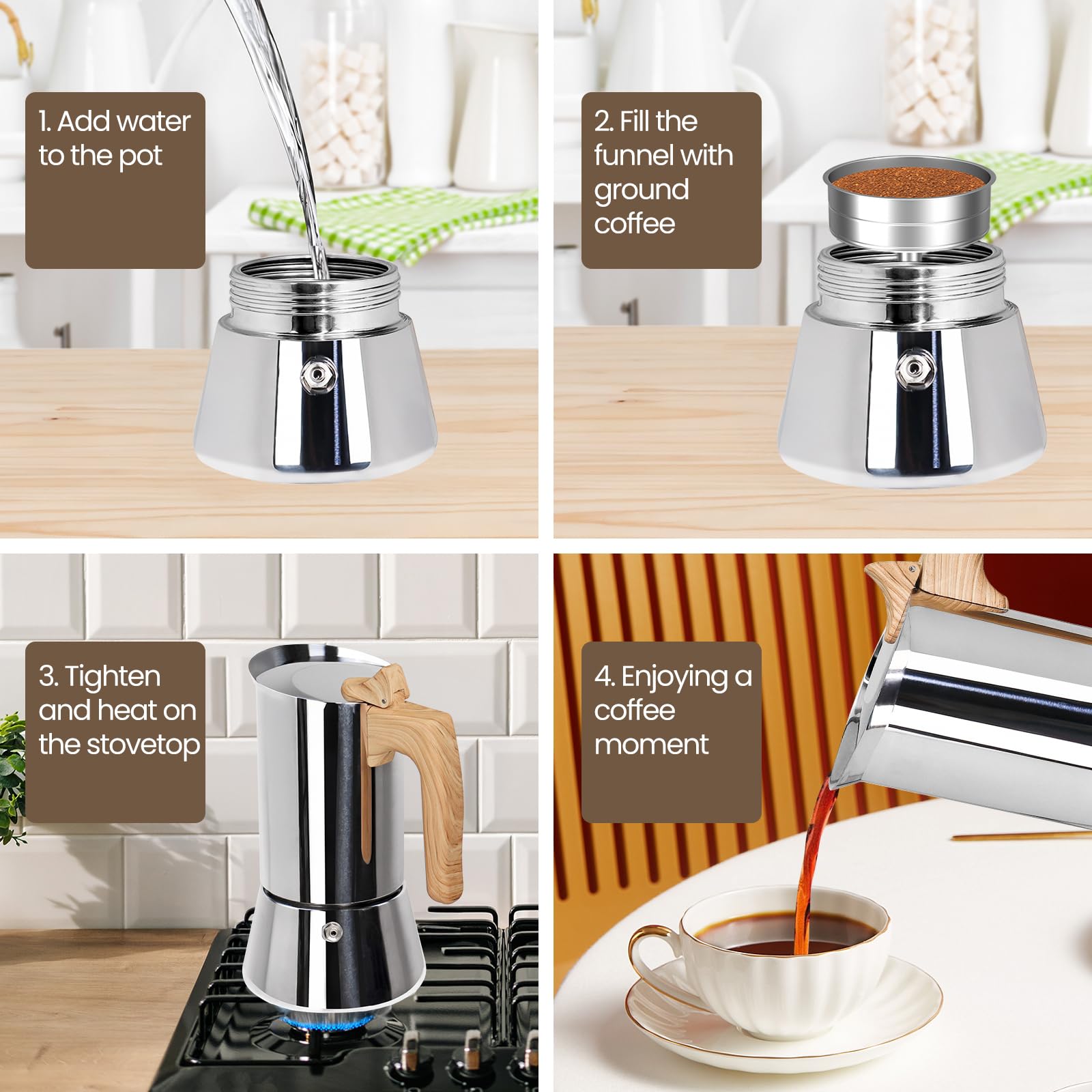 Cafetera moka de 12 taza con pared gruesa de acero inoxidable 304 | 600 ml Cafetera italiana para espresso Cafeteras de cocina Cafetera moka con filtro para cocinas de inducción