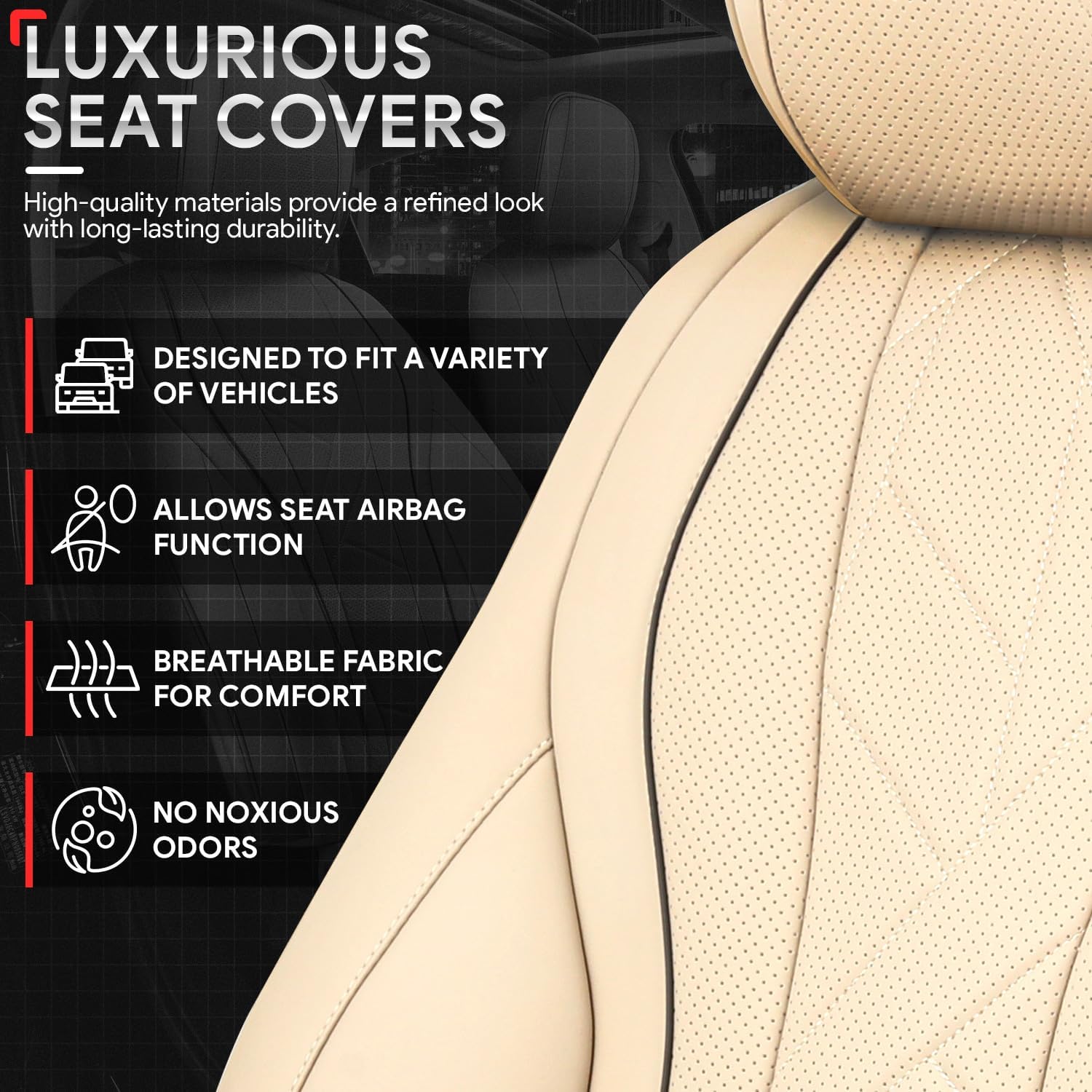 Touring Series Leatherette Front Row Set Seat Covers Universal for Cars Trucks SUV, Beige, CA-SC-Touring-F-BE