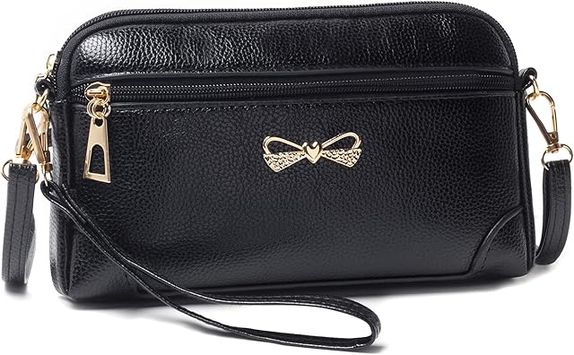 FULEI Ladies Small Black Crossbody Shoulder Bag, PU Leather Wristlet Clutch Phone Purse, Includes Adjustable Shoulder and Wrist Straps