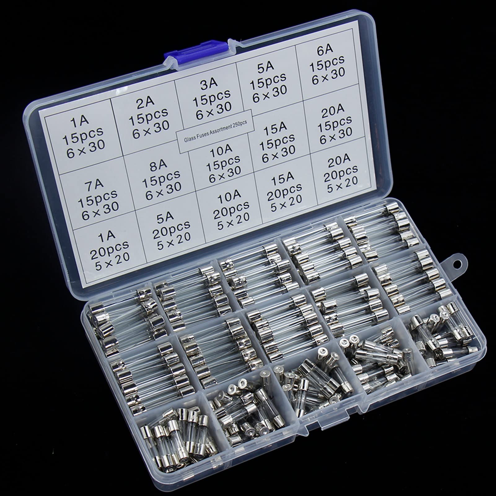 Sicherung 5 x 20 mm, schnell geblasene Glasrohrsicherungen, sortierte Sets, Glassicherungen Glas 82 Stück/100 Stück/250 Stück 1A-20A(100pcs Box)