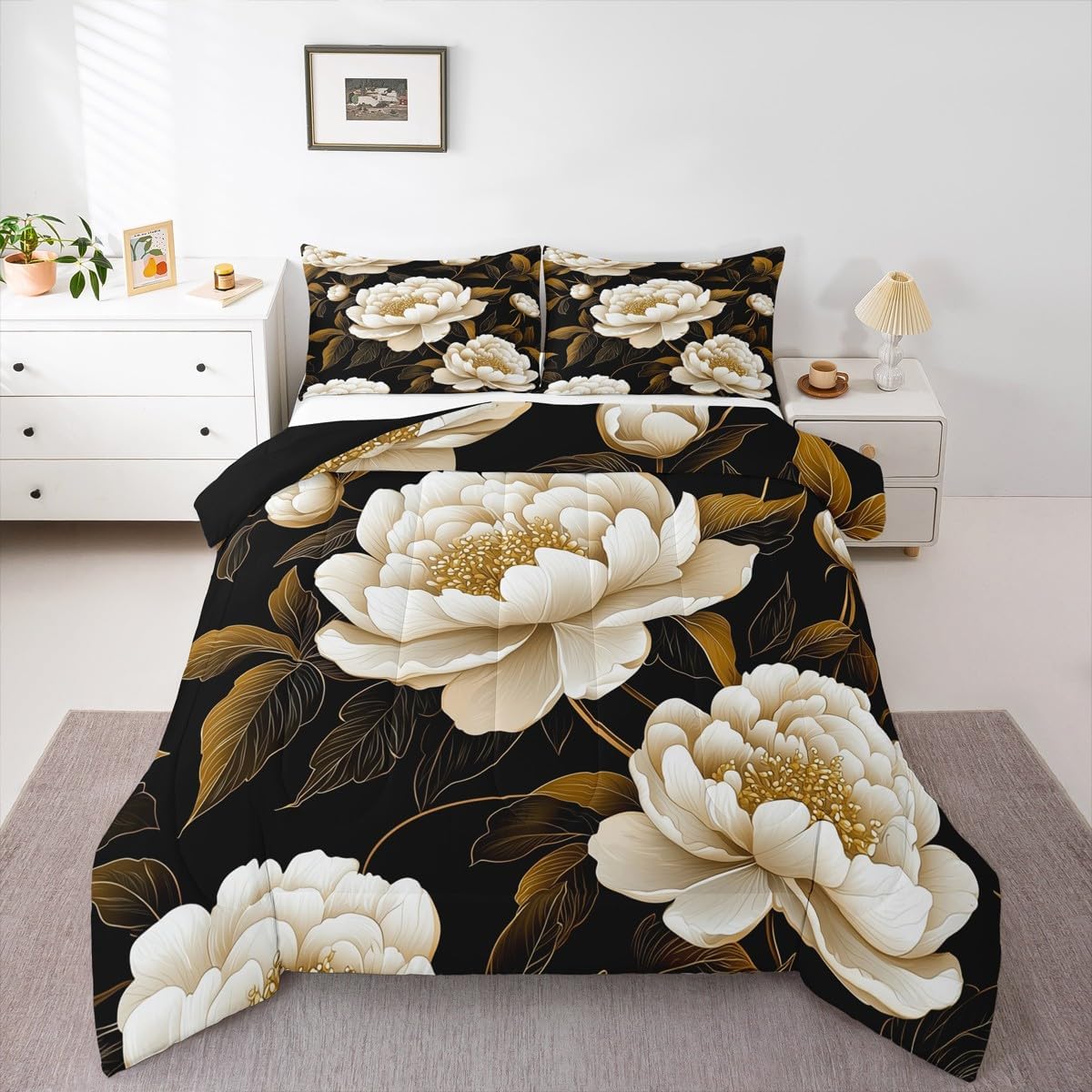 Erosebridal Peony Queen Comforter Set Botanical Floral Bedding Set Vintage Flowers Bed Set Garden Plants Blossom Quilt Set