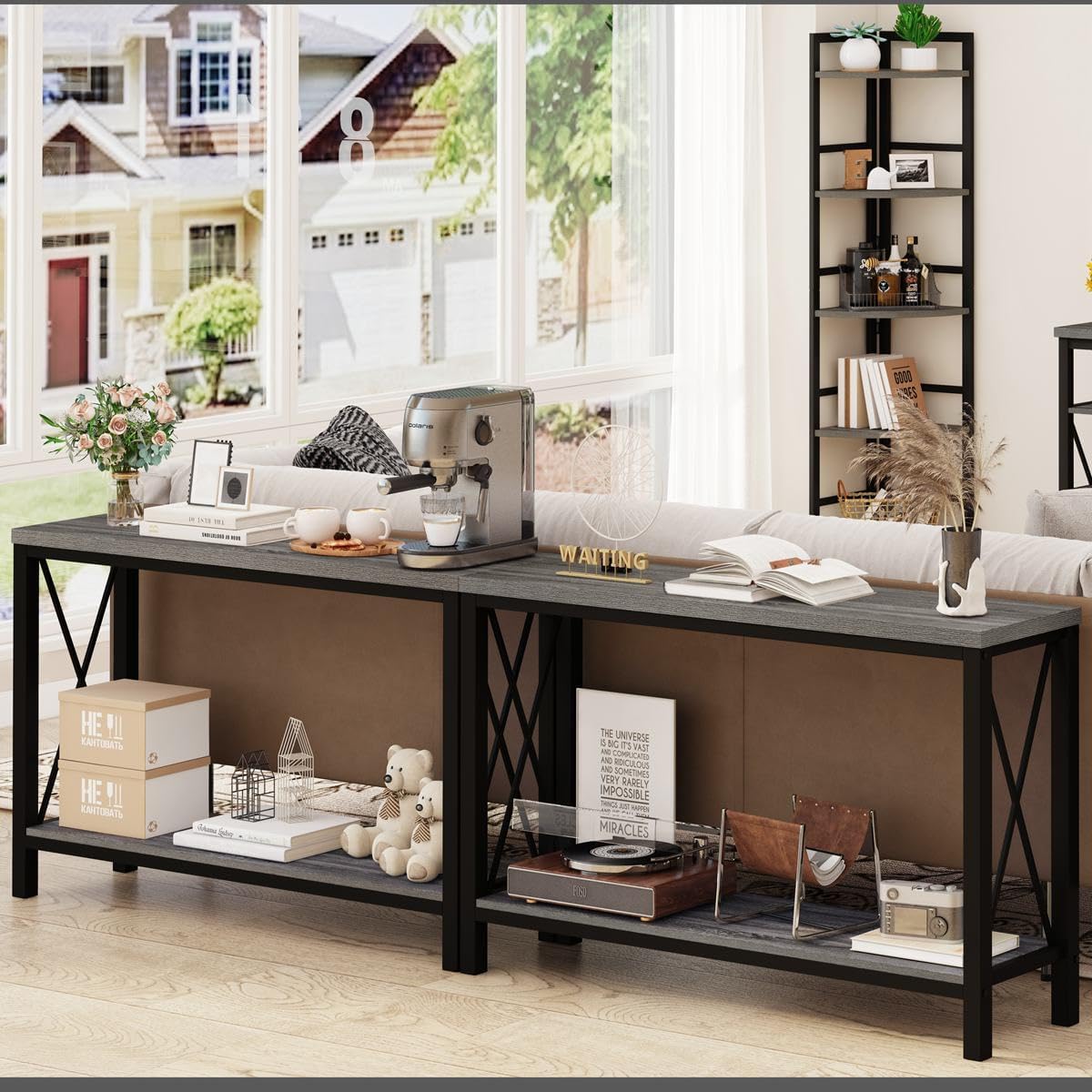 BON AUGURE Console Tables for Living Room, Industrial Couch Table Behind Sofa, Wood Metal Entryway Tables for Hallway, Entry Way Table for Foyer, Entrance, Front Door (Dark Grey Oak, 47 Inch)