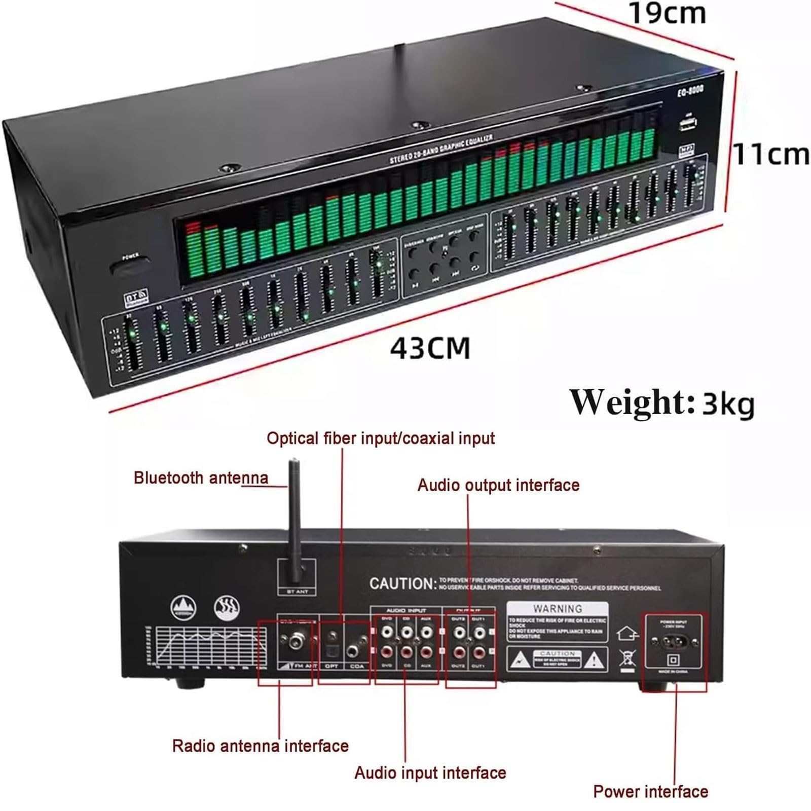 Ecualizador gráfico con Bluetooth, pantalla de espectro dinámico y reducción de ruido para escenario, concierto, hogar y estudio de grabación, mejora la calidad del sonido