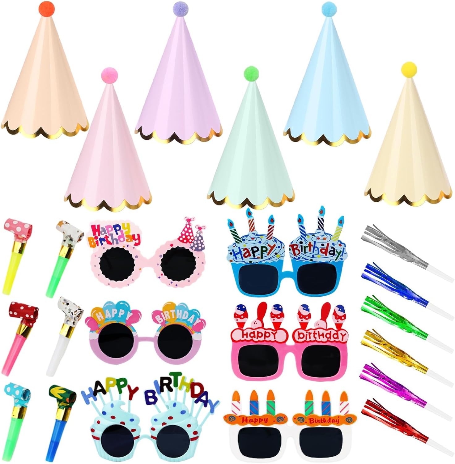 24 Pack Pastel Party Cone Hats, Funny Sunglasses Birthday Party Paper Hats with Blowouts, Pom Poms, Elastic Cord for Kids, Adults, Baby Shower, New Year, Christmas, Anniversary, Photo Props Supplies
