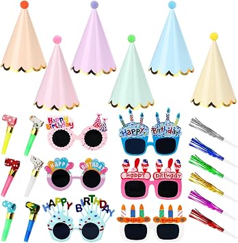 24 Pack Pastel Party Cone Hats, Funny Sunglasses Birthday Party Paper Hats with Blowouts, Pom Poms, Elastic Cord for Kids, Adults, Baby Shower, New Year, Christmas, Anniversary, Photo Props Supplies