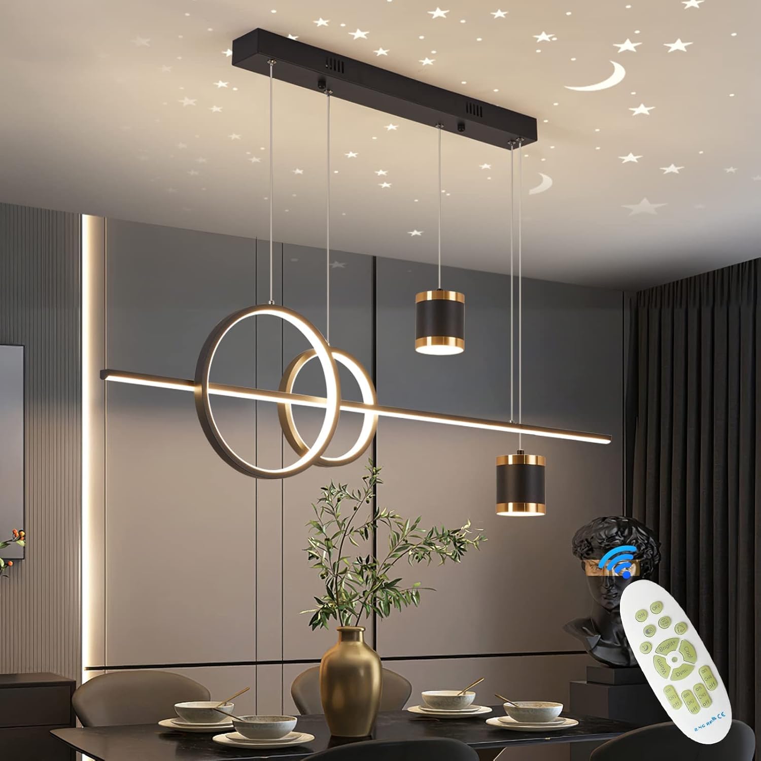 MQW LED hanglamp eetkamer dimbare hanglamp eettafel zwart moderne kroonluchter met afstandsbediening kroonluchter lineair ontwerp opknoping hoogte verstelbaar eettafel lamp, zwart(L100cm/48W