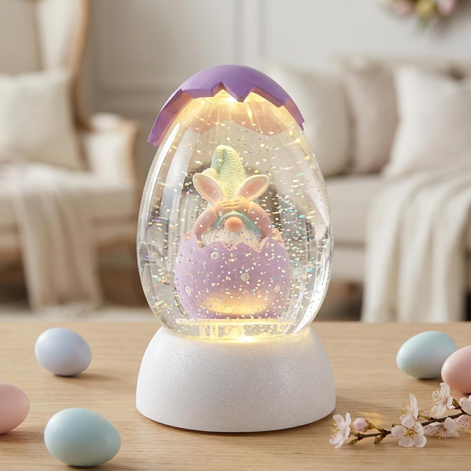 Gnome Easter Snow Globe, Easter Bunny Snow Globe Eggs Spring Decor with Swirling Glitter, 6H Timer, USB or Battery Powered, See No Evil Gnome Snowglobe for Tabletop Decor Gift 7.4 Inch (Purple)