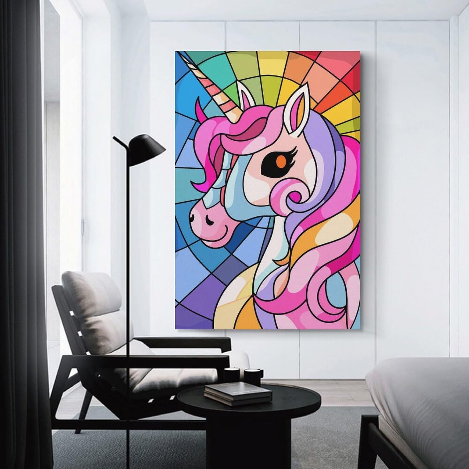 Junmoney Stained Glass Unicorn Portrait Canvas Wall Decor 16x24inch(40x60cm), for Workspace Walls, Study Corners Or Bedrooms, Decorative Artwork for Productive Spaces
