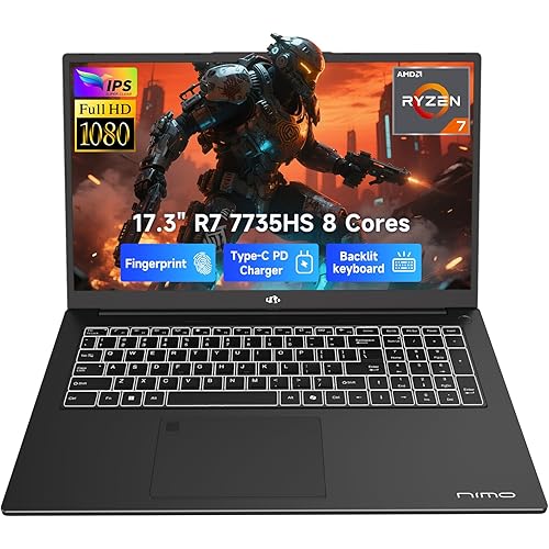 NIMO 17.3" Gaming-Laptop, AMD R7 7735HS (8C/16T, Beats i7-12650H) 16GB DDR5 RAM 512GB SSD Computer with Radeon 680M, 100W Type-C, WiFi-6E, 75Wh Battery, Fingerprint, Backlit Keyboard for Business