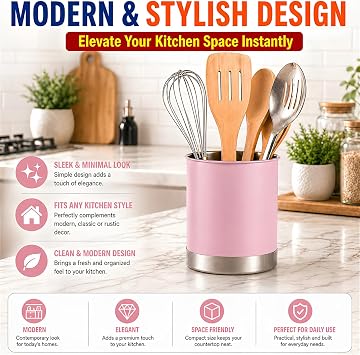 Creative Home Stainless Steel Utensil Crock with Anti-Tip Weighted Base, 7 Diam. x 7 H Inch, Pink